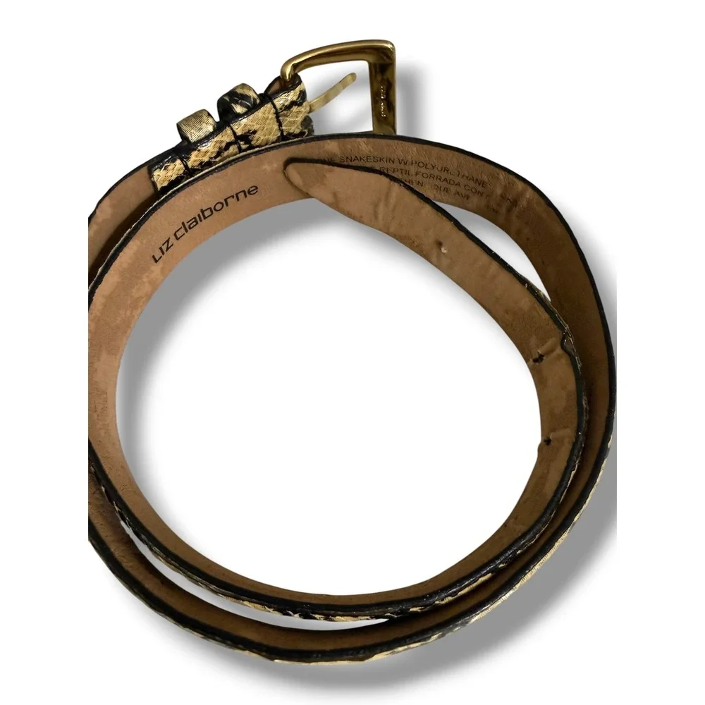 Liz Claiborne Womens Genuine Snakeskin Python Belt Gold Buckle Cream Black Small